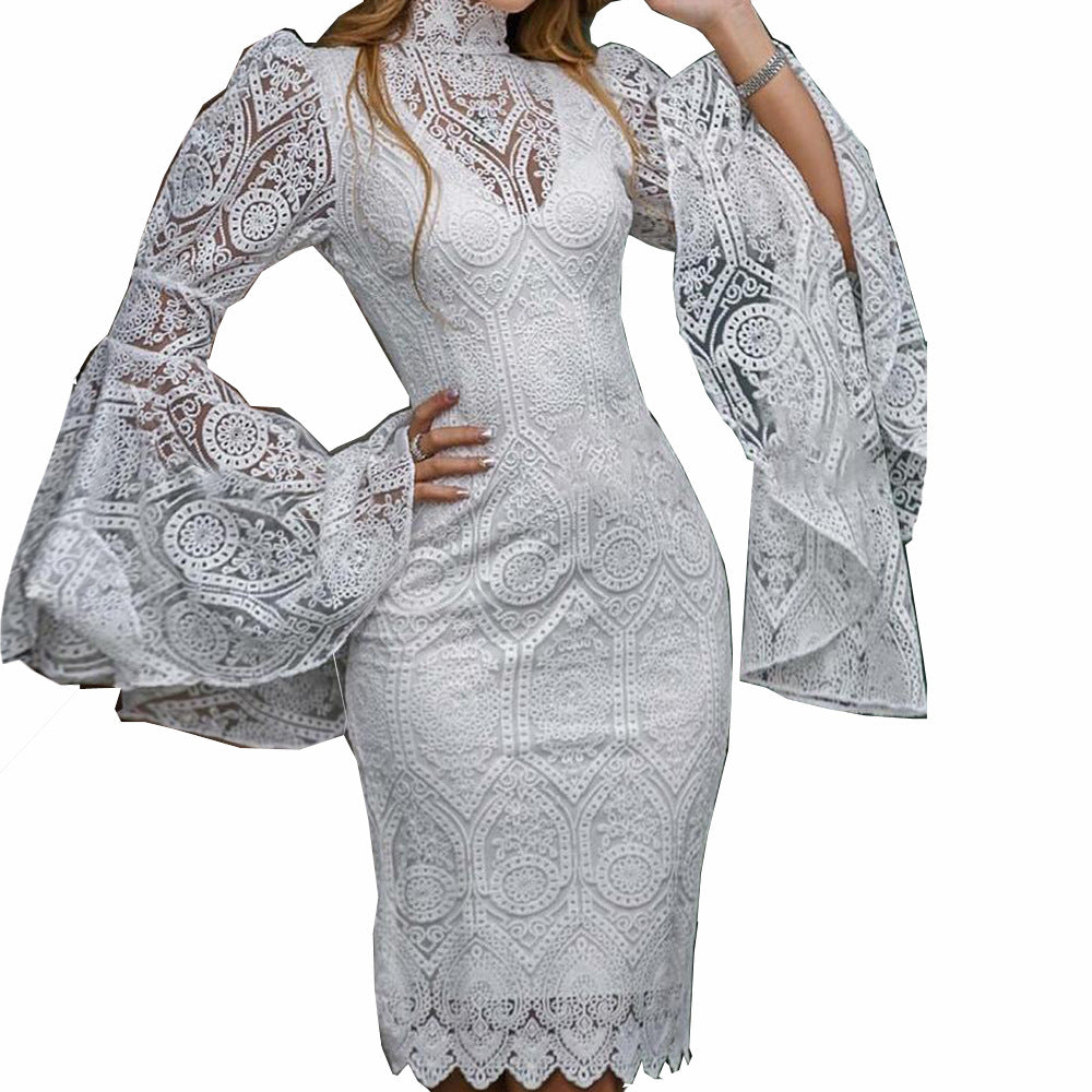Cross-border European And American Women's Lace Embroidery Flared Sleeve Dress