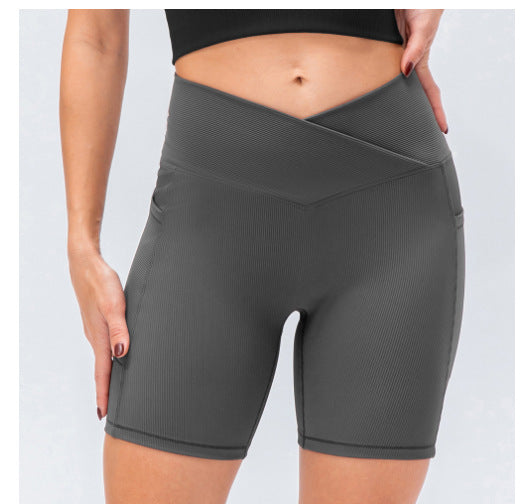 In Stock Cross-border Hot Women's Cross Waist With Pockets Fitness Chrysanthemum Shorts High Waist Hip Lift Yoga Pants