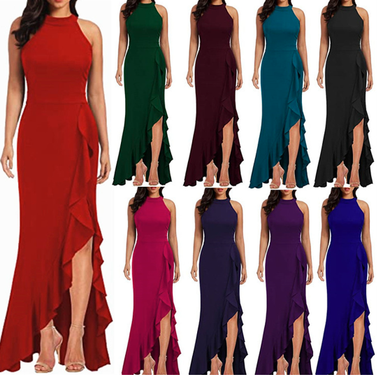 Womens High Neck Split Solid Color Sleeveless Bodycon Mermaid Evening Cocktail Long