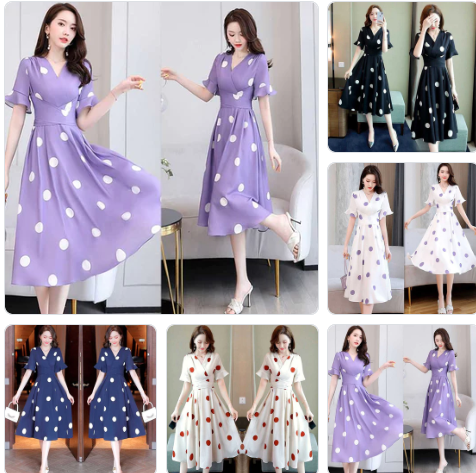 Polka Style Mid Length Waistband Slimming Dress