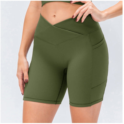 In Stock Cross-border Hot Women's Cross Waist With Pockets Fitness Chrysanthemum Shorts High Waist Hip Lift Yoga Pants