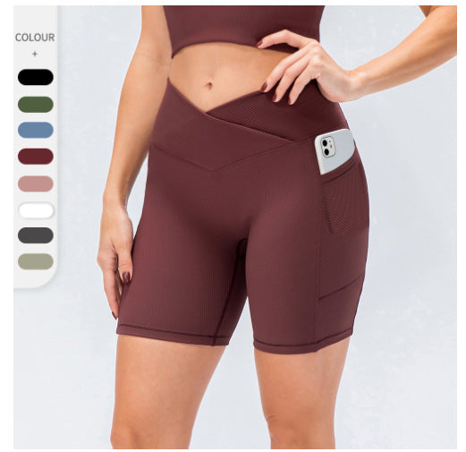 In Stock Cross-border Hot Women's Cross Waist With Pockets Fitness Chrysanthemum Shorts High Waist Hip Lift Yoga Pants