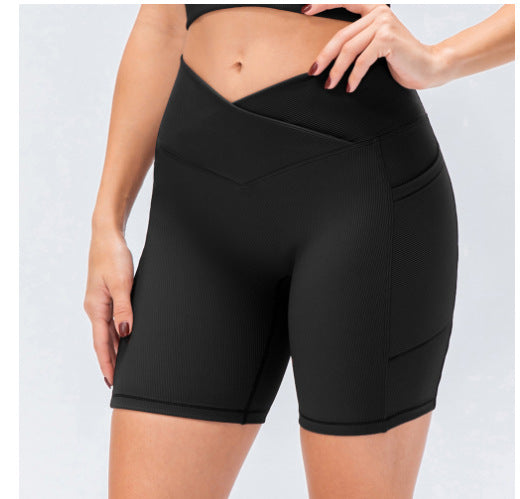 In Stock Cross-border Hot Women's Cross Waist With Pockets Fitness Chrysanthemum Shorts High Waist Hip Lift Yoga Pants