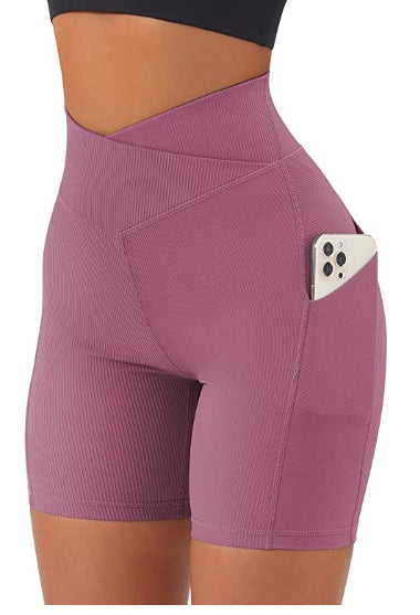 In Stock Cross-border Hot Women's Cross Waist With Pockets Fitness Chrysanthemum Shorts High Waist Hip Lift Yoga Pants