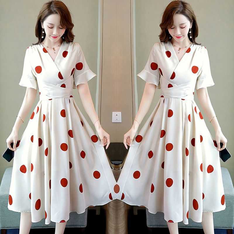 Polka Style Mid Length Waistband Slimming Dress