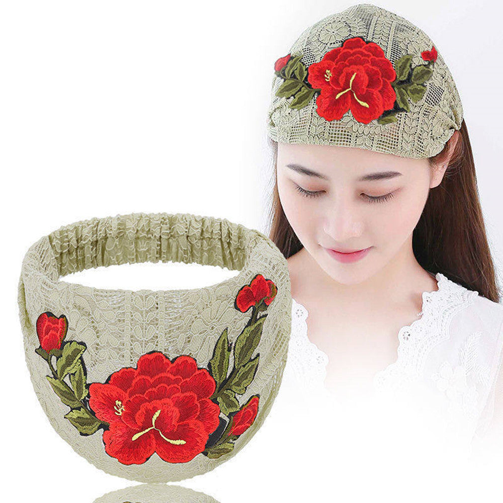 Embroidered Flowers Cover White Hair Wide-brimmed Headband For Ladies