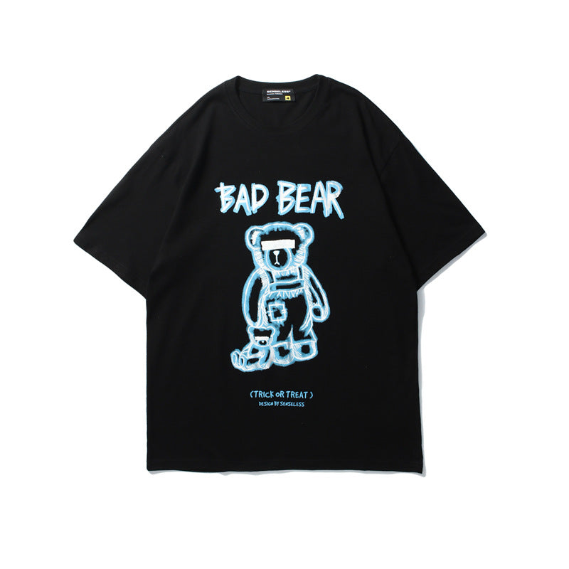 Summer New Ins Tide Brand Creative Graffiti Bear Print Short-Sleeved T-Shirt Male Loose Half-Sleeved Round Neck t-Shirt