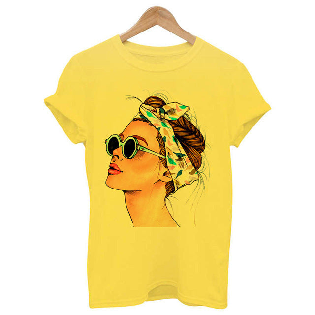 Woman Head Print Short Sleeve Round Neck Short Sleeve T-shirt