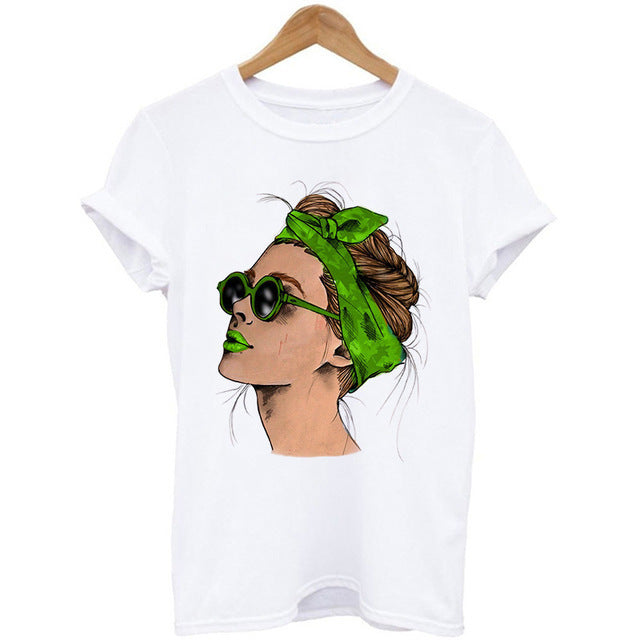 Woman Head Print Short Sleeve Round Neck Short Sleeve T-shirt