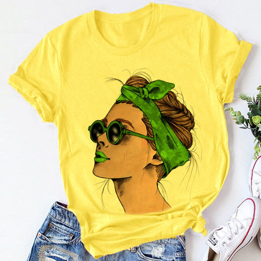 Woman Head Print Short Sleeve Round Neck Short Sleeve T-shirt