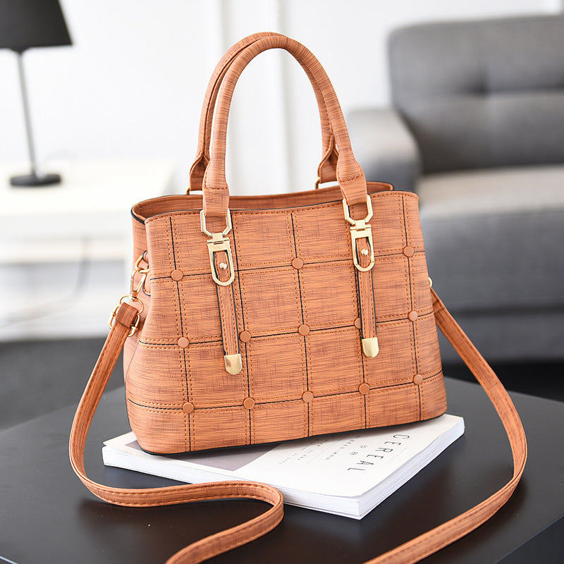 PU button decoration handbag plaid bag