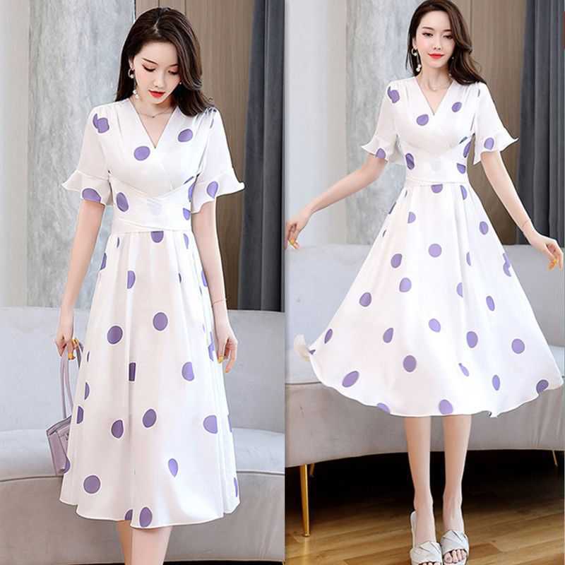 Polka Style Mid Length Waistband Slimming Dress