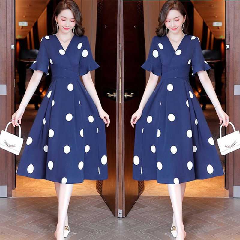 Polka Style Mid Length Waistband Slimming Dress