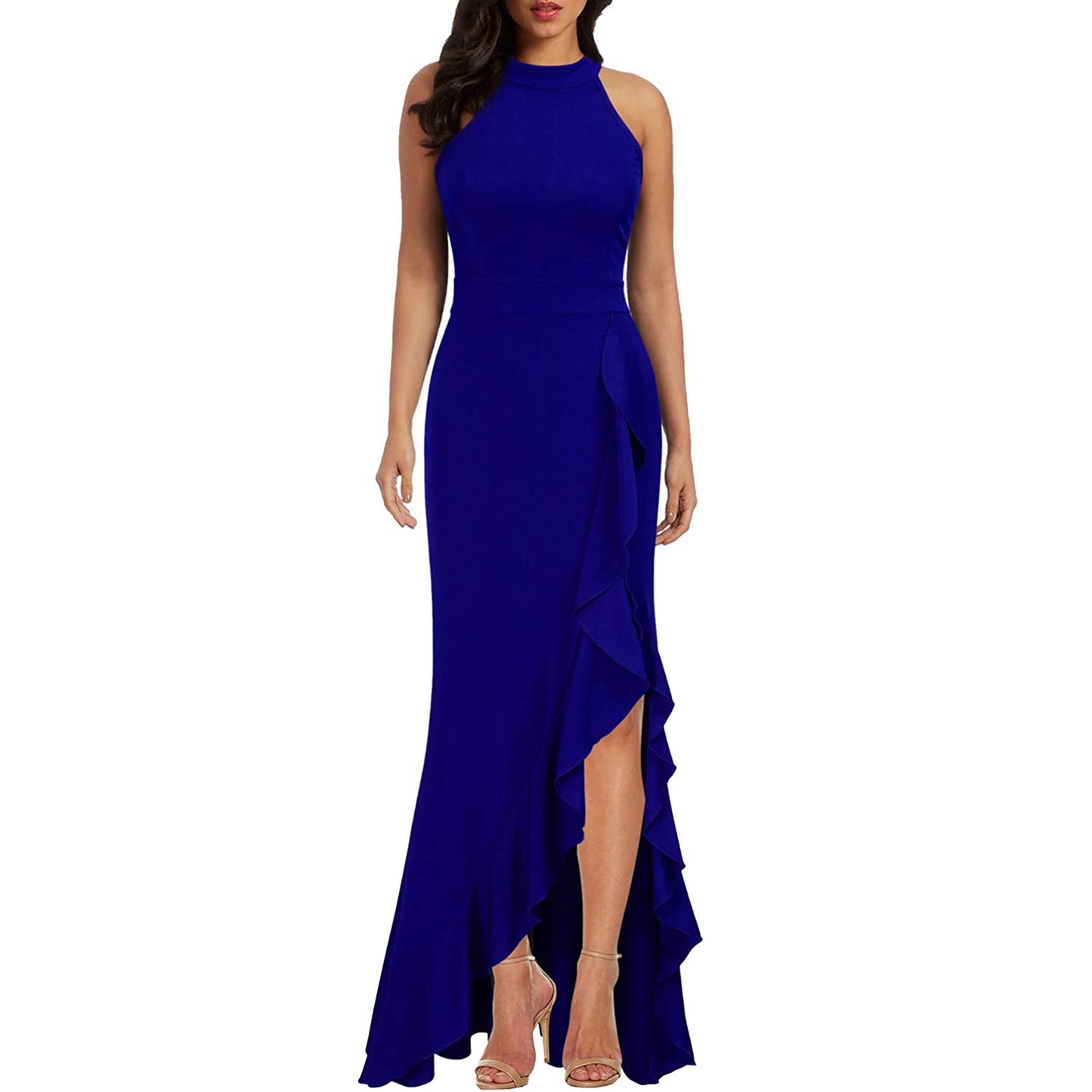 Womens High Neck Split Solid Color Sleeveless Bodycon Mermaid Evening Cocktail Long