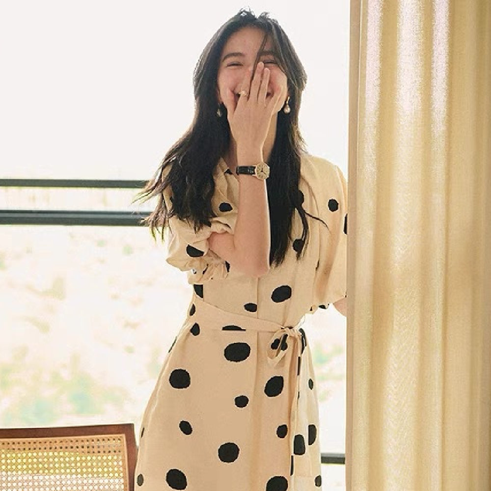 Bubble Sleeve Wavy Dot Dress Female