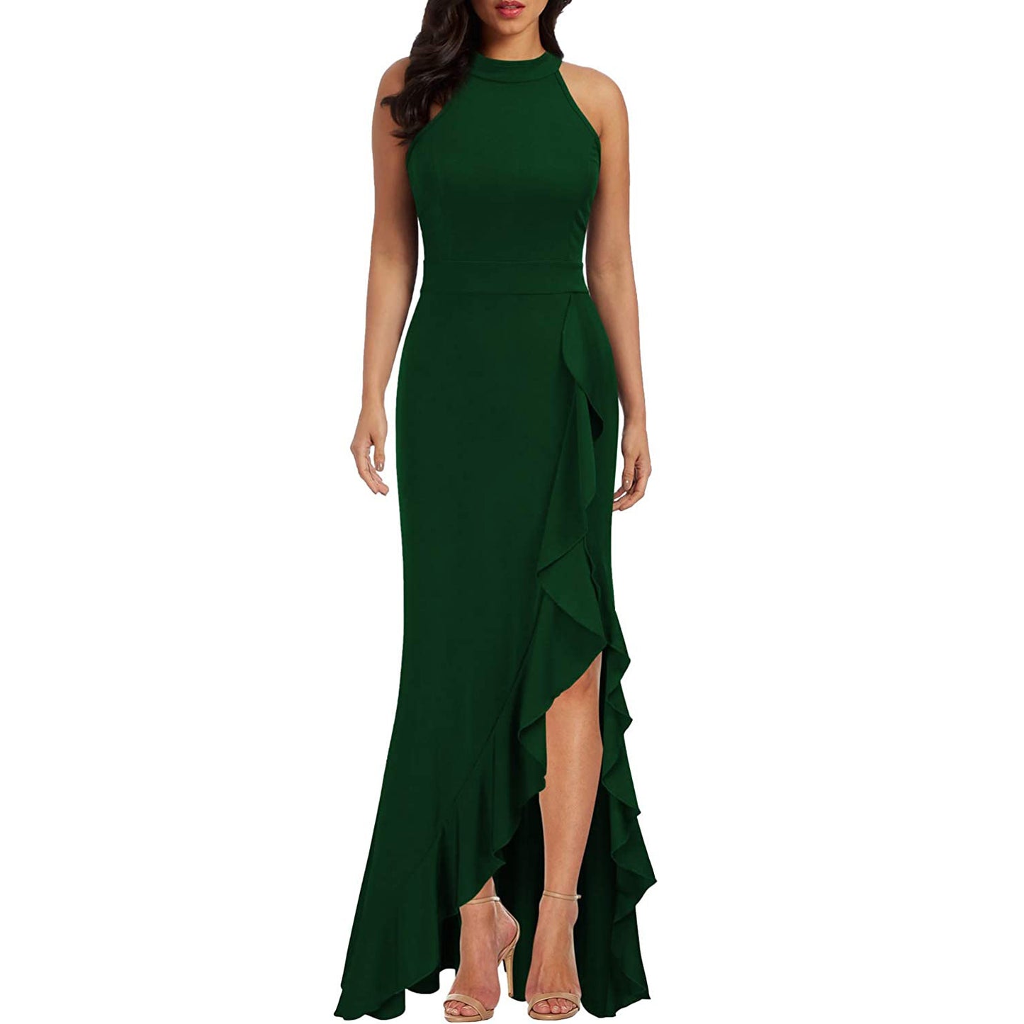 Womens High Neck Split Solid Color Sleeveless Bodycon Mermaid Evening Cocktail Long