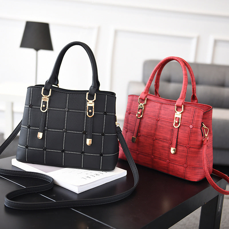 PU button decoration handbag plaid bag