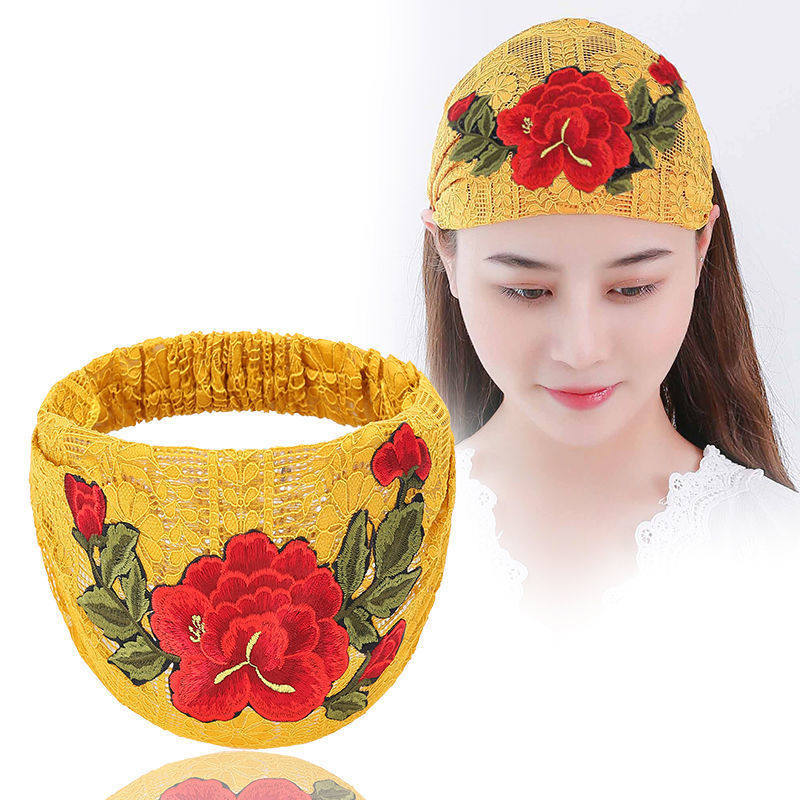 Embroidered Flowers Cover White Hair Wide-brimmed Headband For Ladies