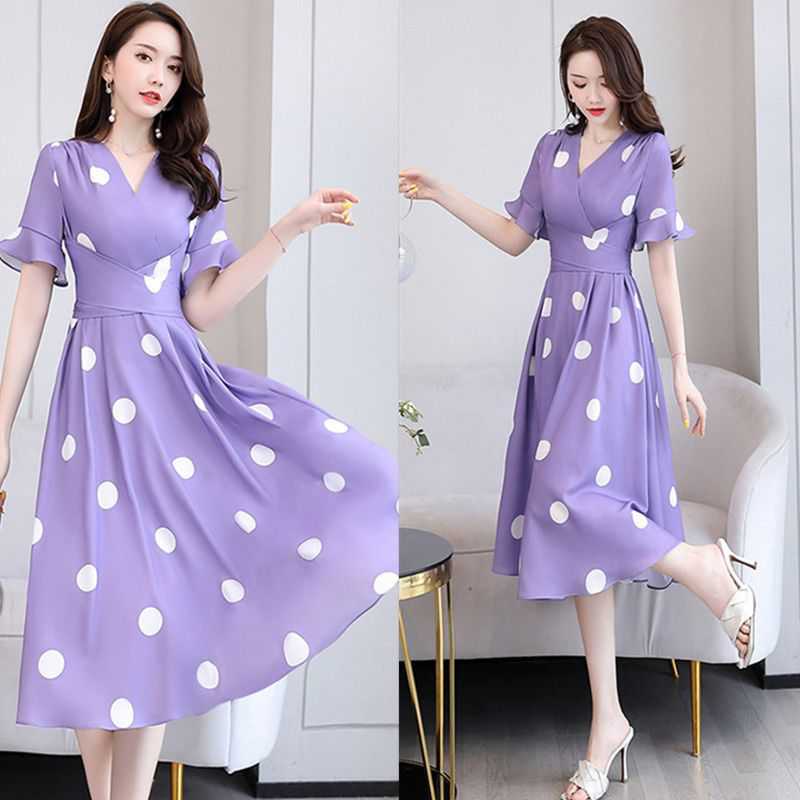 Polka Style Mid Length Waistband Slimming Dress