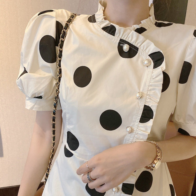 Retro Cheongsam Improved Black And White Polka Dot Style Dress