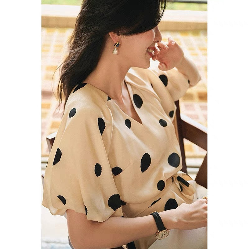 Bubble Sleeve Wavy Dot Dress Female