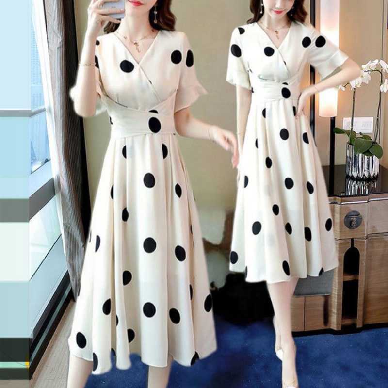 Polka Style Mid Length Waistband Slimming Dress