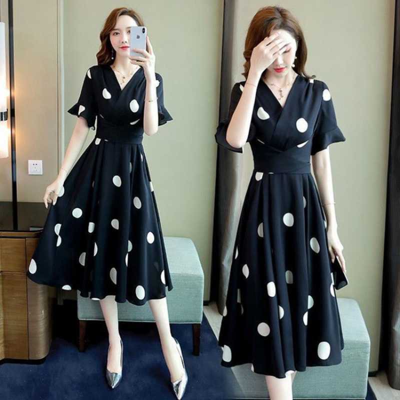 Polka Style Mid Length Waistband Slimming Dress