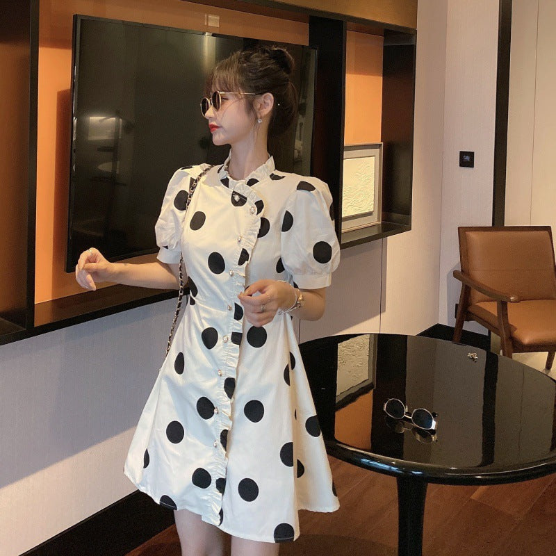 Retro Cheongsam Improved Black And White Polka Dot Style Dress