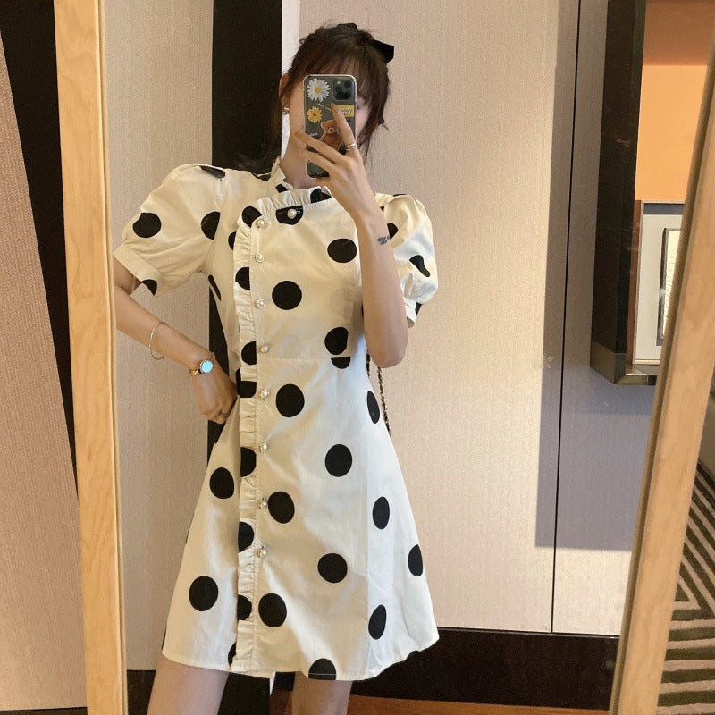 Retro Cheongsam Improved Black And White Polka Dot Style Dress